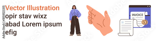 Financial planning, communication, modern fashion, business operations, documentation, teamwork. Professional invoice, hand gesture pointing stylish individual. Financial planning and communication