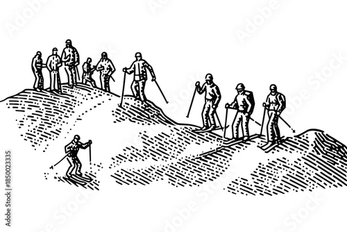 Group of hikers trekking up a steep hill with walking sticks in a rugged terrain