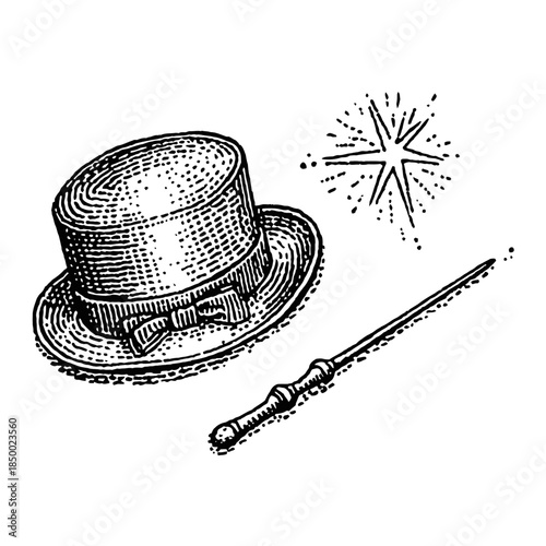 A magical top hat and wand on a white background viewed from a slight angle