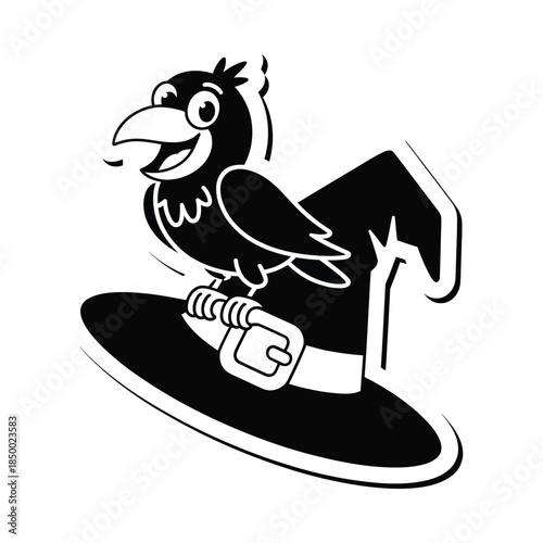 Cartoon crow riding a surfboard with safety belt