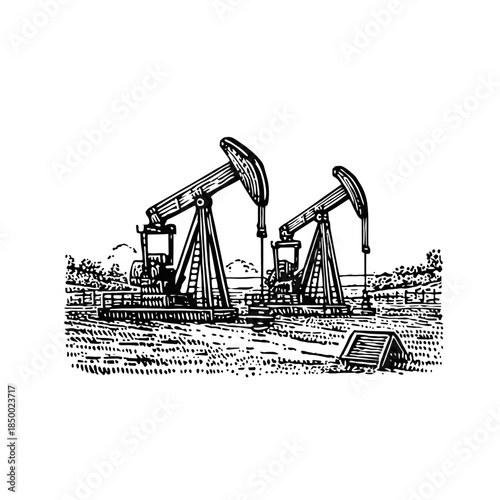 Oil pumps operating in an industrial landscape viewed from a distance in a detailed illustration