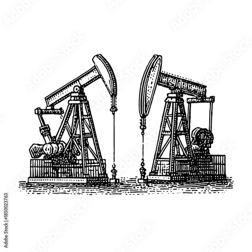 Two black and white oil pump jacks working together with a vintage engraved aesthetic