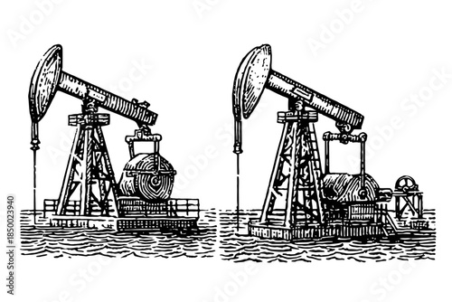 Illustration of two oil rigs in the water, industrial landscape