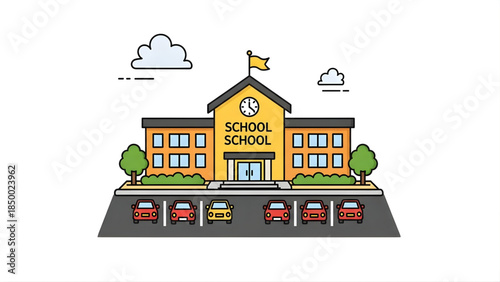 Vibrant flat design illustration of a classic school building with a parking lot filled with cars, green trees, and clouds, representing education, learning, and academic institutions