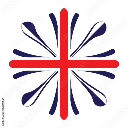 Red and blue stylized cross symbol with curved lines radiating outward