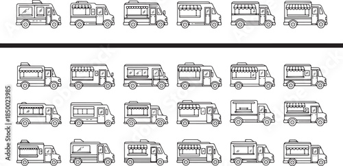Food Truck and Mobile Kitchen Line Icons street food