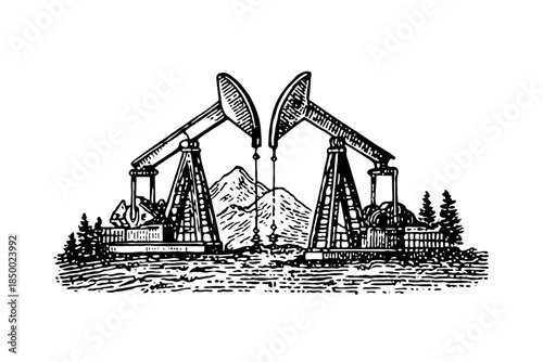 Retro Style Oil Pump Jacks in Mountainous Landscape Illustration