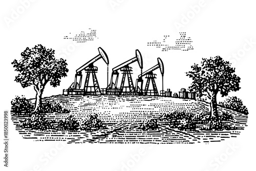 Oil drilling pump jacks on a grassy hill with trees, vintage illustration