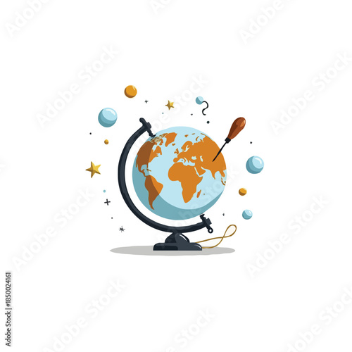 Illustrated world globe with playful elements promotes global awareness and sparks curiosity for