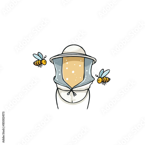Illustration of beekeeper suit with flying bees showcasing apiculture work and entomology