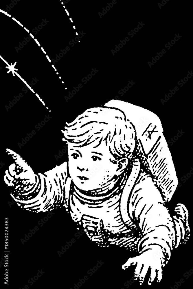 Fototapeta premium A young boy in a space suit points at a distant star in this captivating illustration