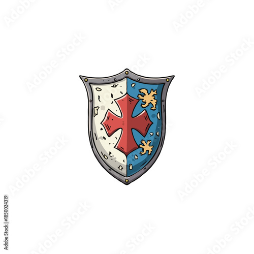 Medieval heraldic shield design with cross and symbolic elements reflects historical insignia