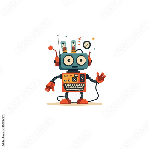 Playful automaton with boxy body featuring keyboard keys adorning the front panel illustration of