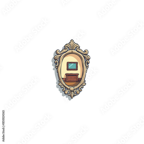 Ornate reflection with classical design, antique mirror reflecting interior scene showcasing