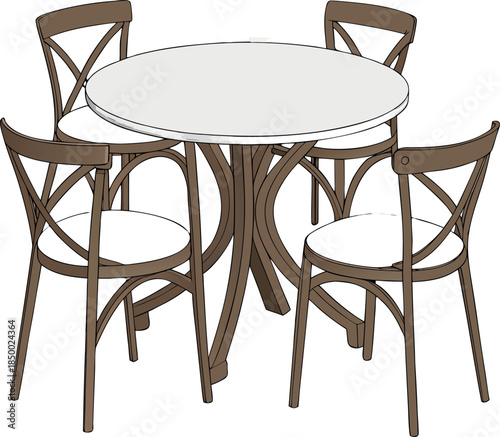 Modern Dining Room Furniture Set with Round White Table and Four Cross-Back Wooden Chairs