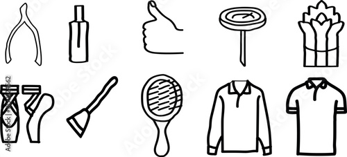 A collection of simple line drawings of personal grooming and clothing items