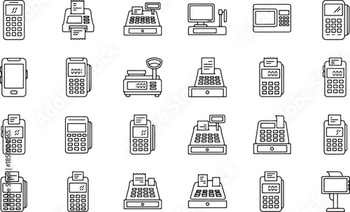 Collection of black outline payment and cash register icons