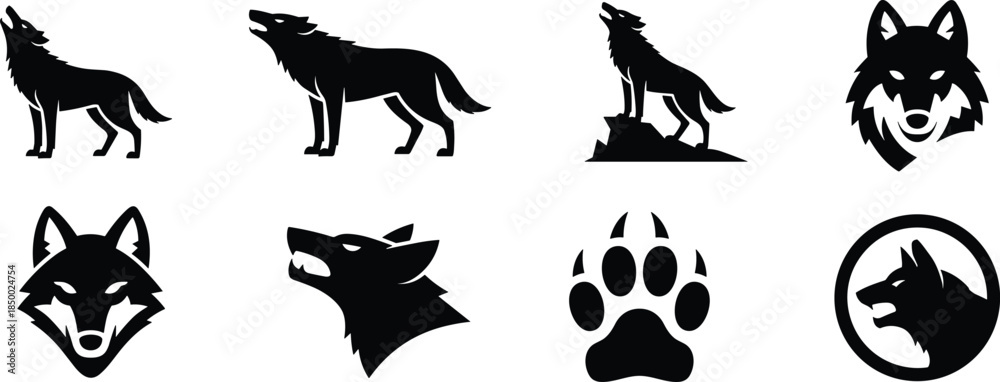 Obraz premium Wolf silhouette logo and icon set howling wild canine symbols black vector illustration isolated on white background design