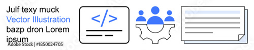 Software development, teamwork, collaboration, technology processes, coding workflows, business organization. Blue coding symbol, group figures in gear and document graphic. Software development
