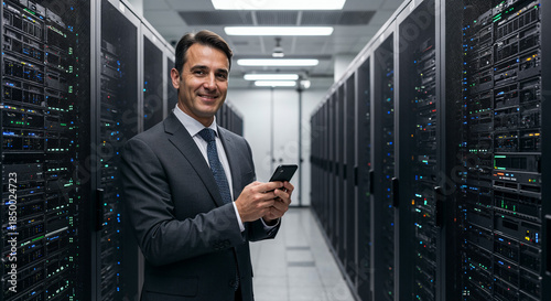 Happy mature man engineer wearing suit using mobile cell phone at data center work. Middle aged manager holding smartphone looking at camera standing in server room security warehouse.