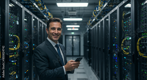 Happy mature man engineer wearing suit using mobile cell phone at data center work. Middle aged manager holding smartphone looking at camera standing in server room security warehouse.