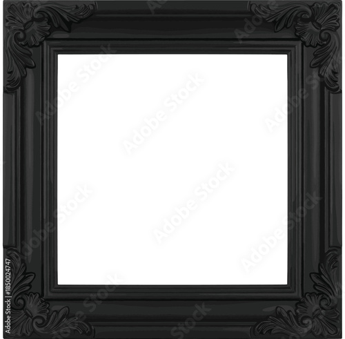 Black Baroque Square Photo Frame Vector Illustration with Transparent Background