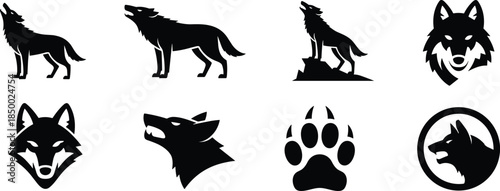 Wolf silhouette logo and icon set howling wild canine symbols black vector illustration isolated on white background design