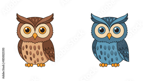 Two Cartoon Owls with Different Colors.