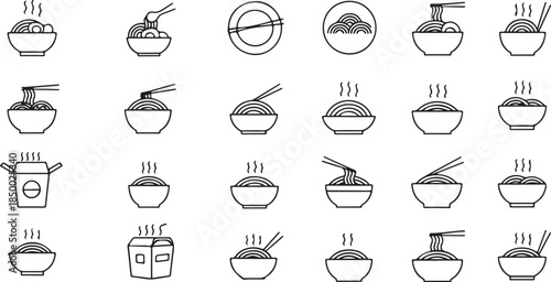 Noodle Bowl Icons Set Keywords: noodles, ramen, soup, bowl, chopsticks, food, asian cuisine