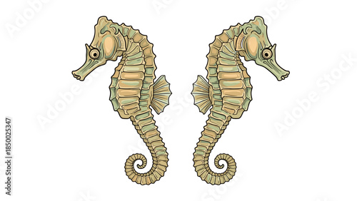 Two Seahorses Facing Opposite Directions Illustration.