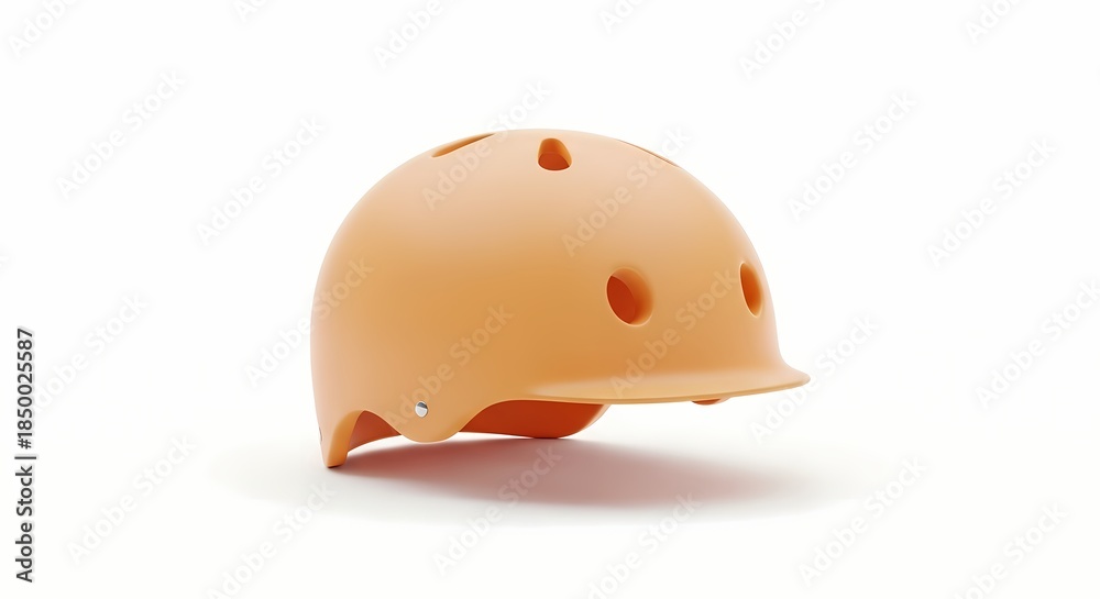 Fototapeta premium A peach-colored helmet with ventilation holes is displayed on a white surface, viewed from the side.