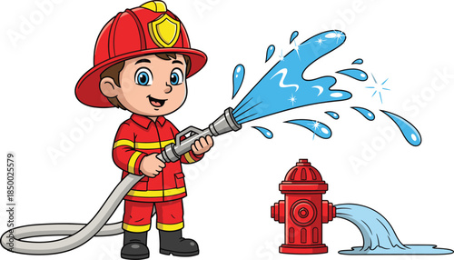 Firefighter child, cartoon hero, fire hose, emergency response, red uniform, safety theme, water spray, kids roleplay, rescue scene, sparkles