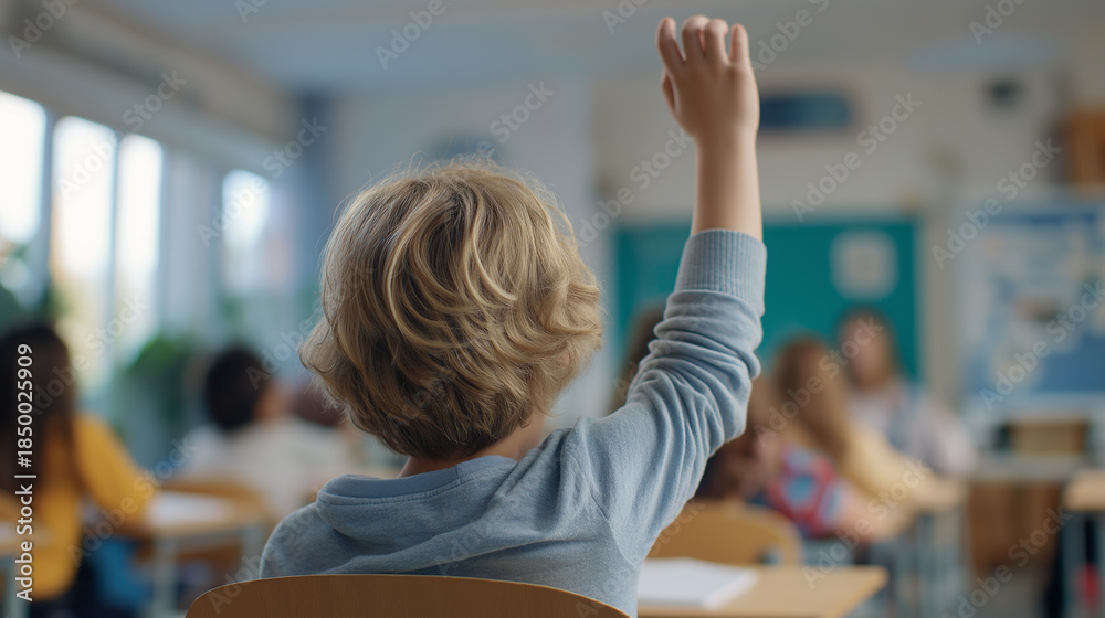 Fototapeta premium Boy with a raised hand in school class,study,back to school,education