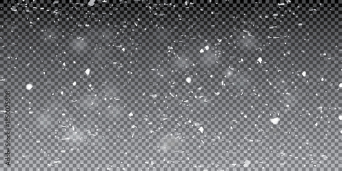 Snowfall Background With White Falling Snowflakes And Soft Winter Overlay Effect On Transparent Design For Holiday And Seasonal Projects. Vector Illustration