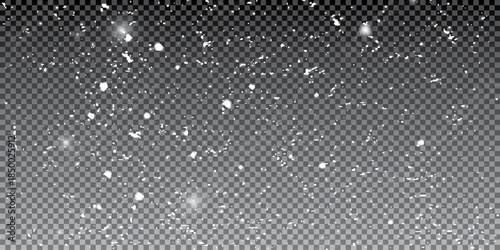 Snow falling on transparent background. Vector realistic illustration of blurred sparkling snowflakes flying in air, winter holiday snowfall, snowy frosty weather, xmas card design, overlay effect