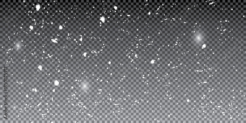 Snow falling on transparent background. Vector realistic illustration of blurred sparkling snowflakes flying in air, winter holiday snowfall, snowy frosty weather, xmas card design, overlay effect