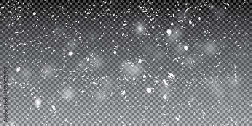 Snow falling on transparent background. Vector realistic illustration of blurred sparkling snowflakes flying in air
