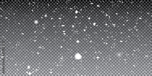 Snow falling on transparent background. Vector realistic illustration of blurred sparkling snowflakes flying in air