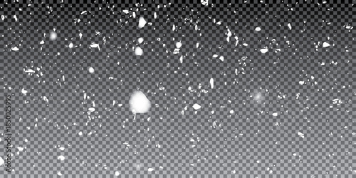 Snow overlay with falling white flake particles illustration. Vector realistic illustration of blurred sparkling snowflakes flying in air