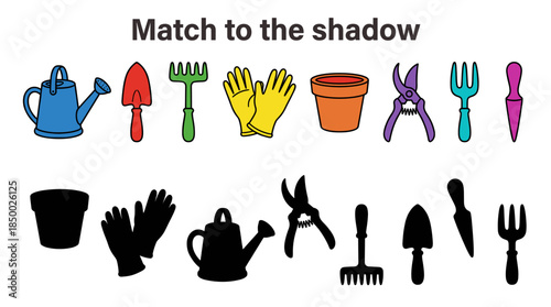 Garden tools illustrated with shadows for matching exercise  