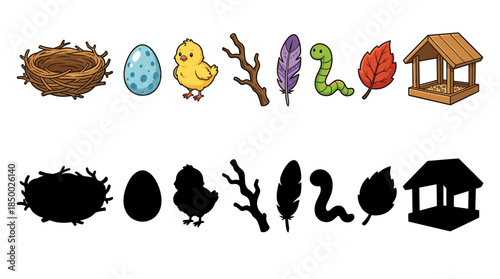 Illustrated spring elements including nest, chick, and leaf  