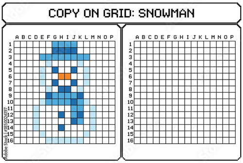 Educational activity worksheet for kids featuring a snowman grid  