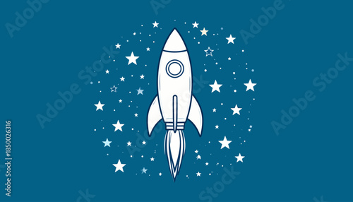 A simple white rocket launching upwards into a dark blue sky filled with numerous white stars.
