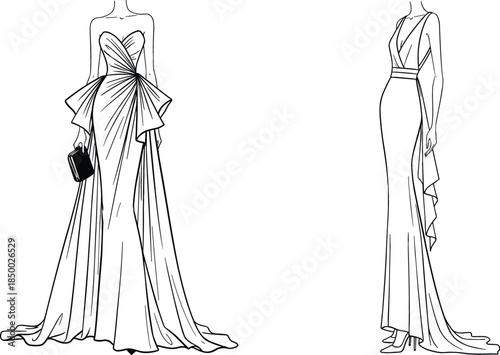 Elegant fashion illustration line art sketch of two designer evening gowns for formal wear and haute couture design