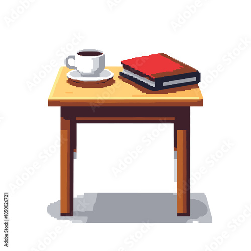 Coffee cup and book on a wooden table, pixel art style.