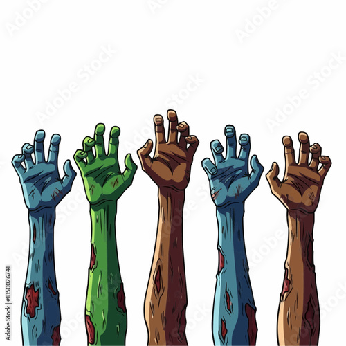 An unsettling assembly of decayed zombie hands reaching from the grave, featuring gruesome details and a spectral presence, perfect for horror-themed designs and spooky seasonal celebrations