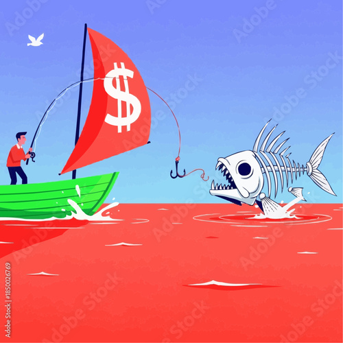 A businessman on a boat with a dollar sign sail is fishing for a skeleton fish in red water, symbolizing a risky financial venture and potential loss