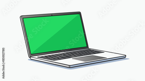 Laptop with green screen mockup isolated on white background, ideal for presentation and screen replacement flat vector illustration.
