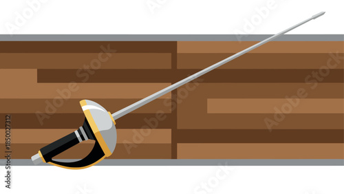 Fencing rapier sword on wooden floor: sport equipment design concept