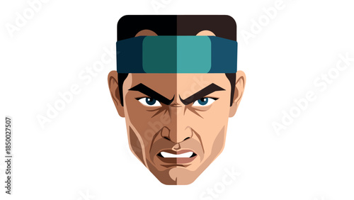 Intense athlete face with headband in geometric style